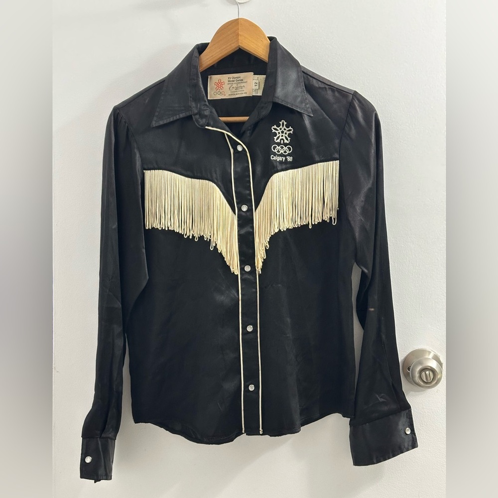 Black Acetate Satin Western Cowgirl Snap Shirt Fringe and Winter olympics logo